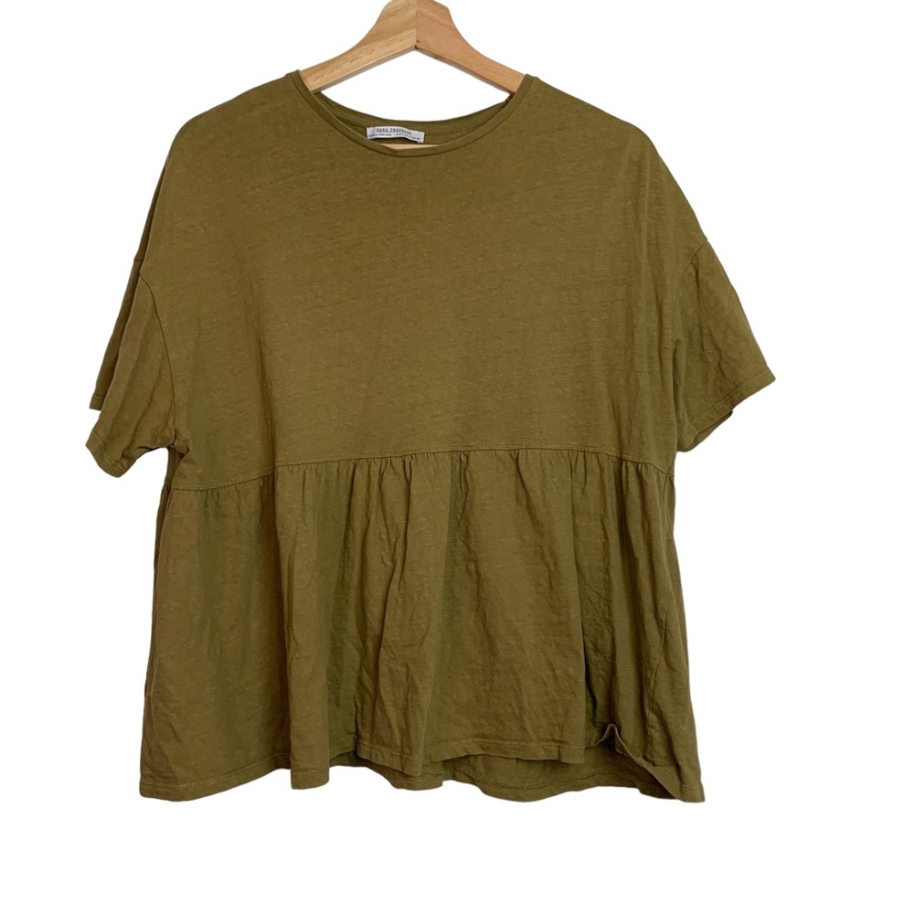 Zara Trafaluc Olive Green Baby Doll Short Sleeve Blouse Size S Women